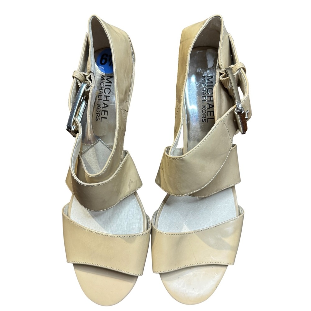 MICHAEL Michael Kors Womens 6.5 Beige Patent Leather Strappy Cone Heel Sandals